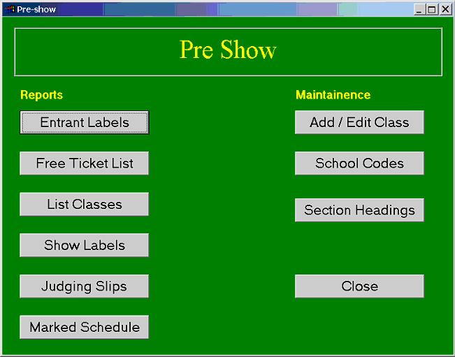 Screen shot of Pre Show Options